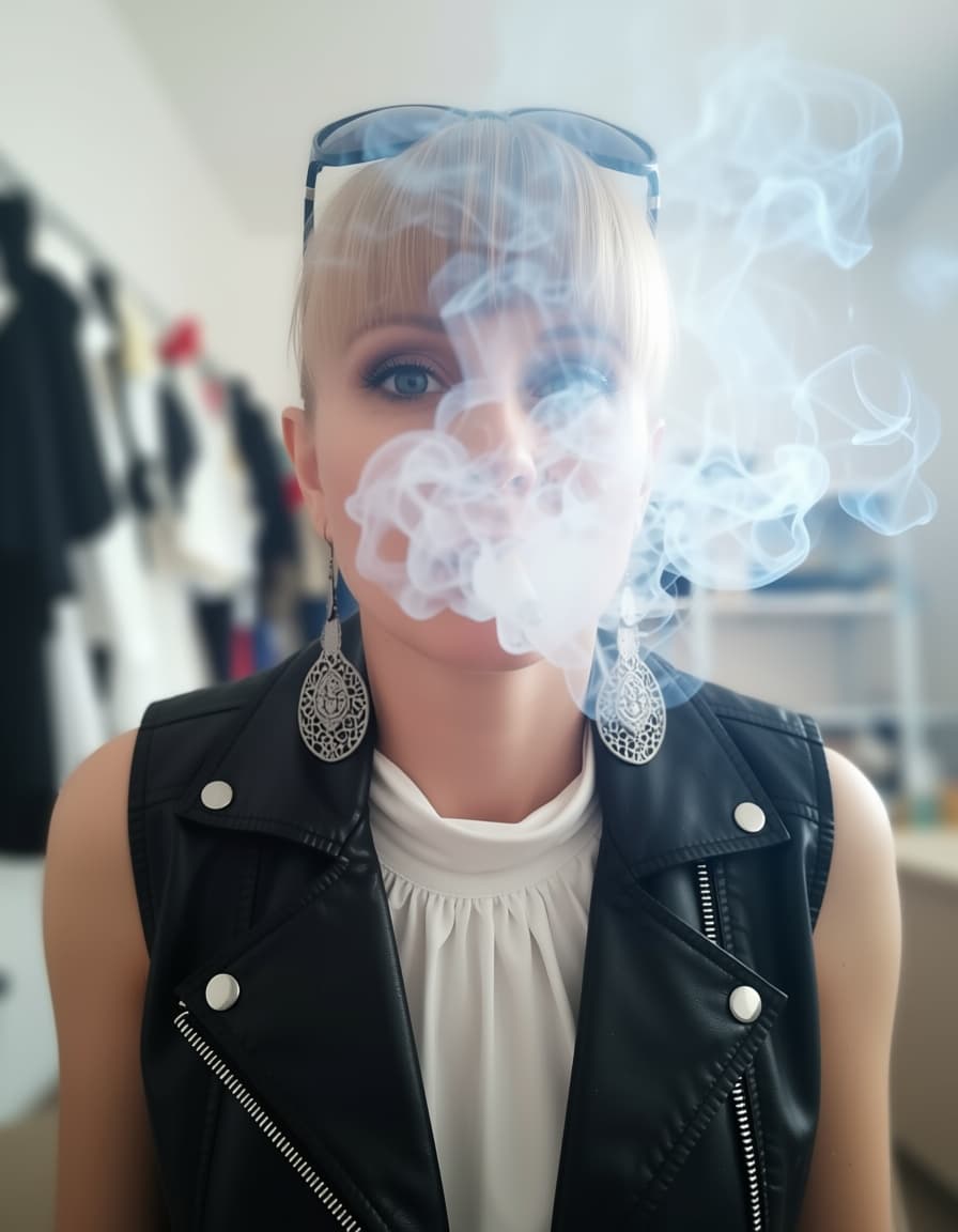AI generated: 
she wears black leather vest. dominant woman who looking deep into camera from above. camera is low...