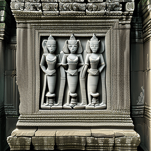 AI generated: The image shows a stone carving on the side of a building in Angkor Thom, Cambodia. The carving is i...