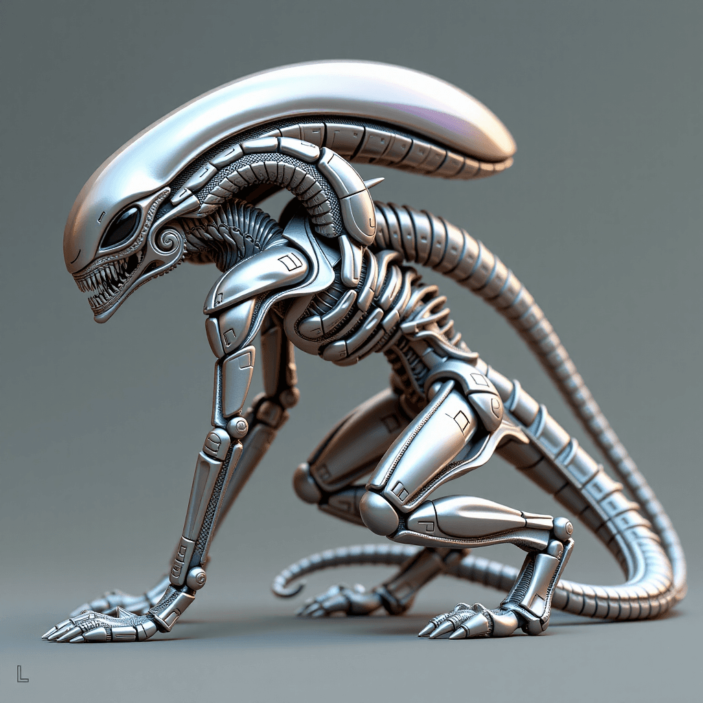 AI generated: Alien creature design, its body composed of smooth, flowing, exoskeletal plates that minimize surfac...