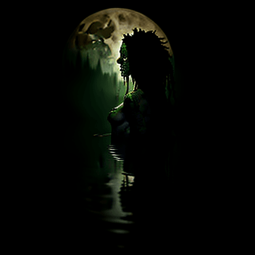 AI generated: Bullfrog lady, body waste deep, four arms, one eye is missing, long greasy dreadlocks, Hyper realist...