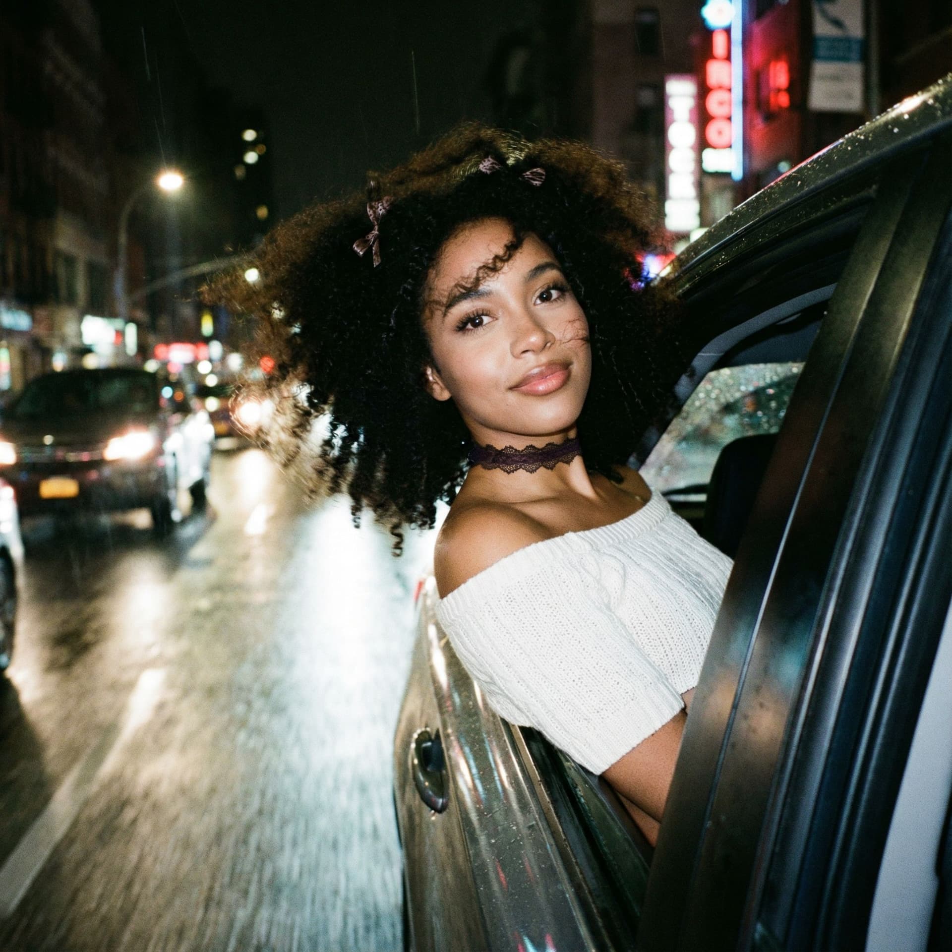 AI generated: Create a ccolor photo of me leaning my back out the window car like a dark dreamy blurry vintage win...