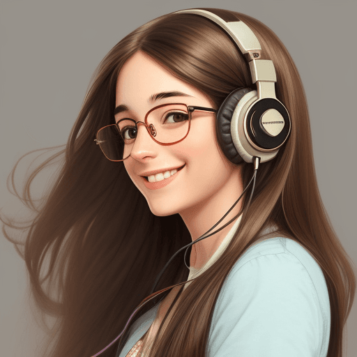 AI generated: A girl with long brown hair, glasses, and headphones that in smiling