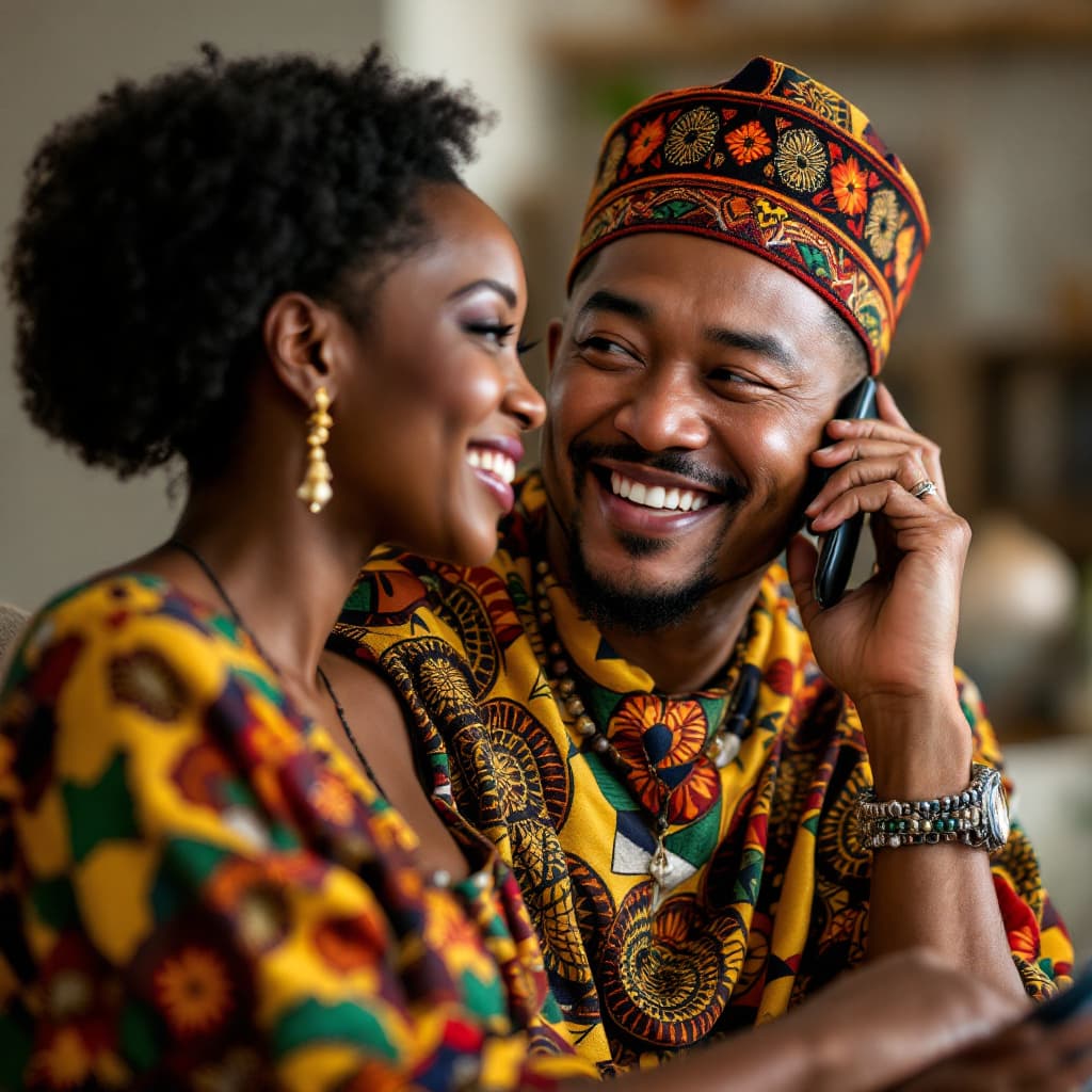 AI generated: Generate an image of a Chinese man wearing African dress attire talking to an African woman and smil...