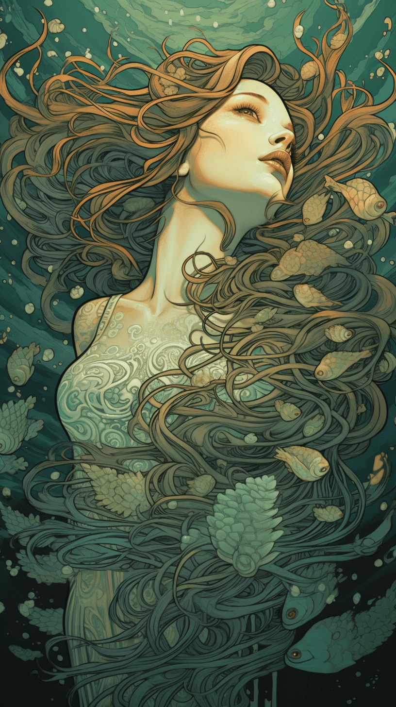 AI generated: Low angle of a graceful mermaid emerging from the ocean waves, enchanting and mesmerizing, art by Be...