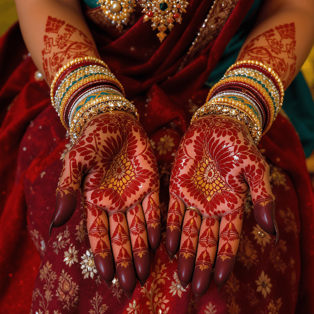 AI generated: a beautiful Indian bride in traditional wear showing her hands and henna designs, photorealistic, ul...