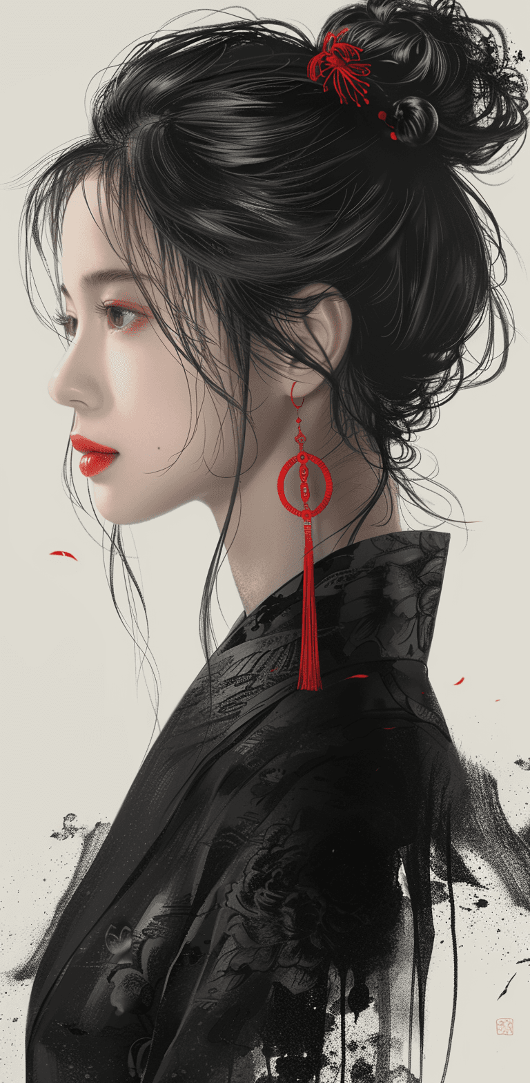 AI generated: A simple ink illustration of an elegant Japanese woman with her hair in a bun, profile view. wearing...