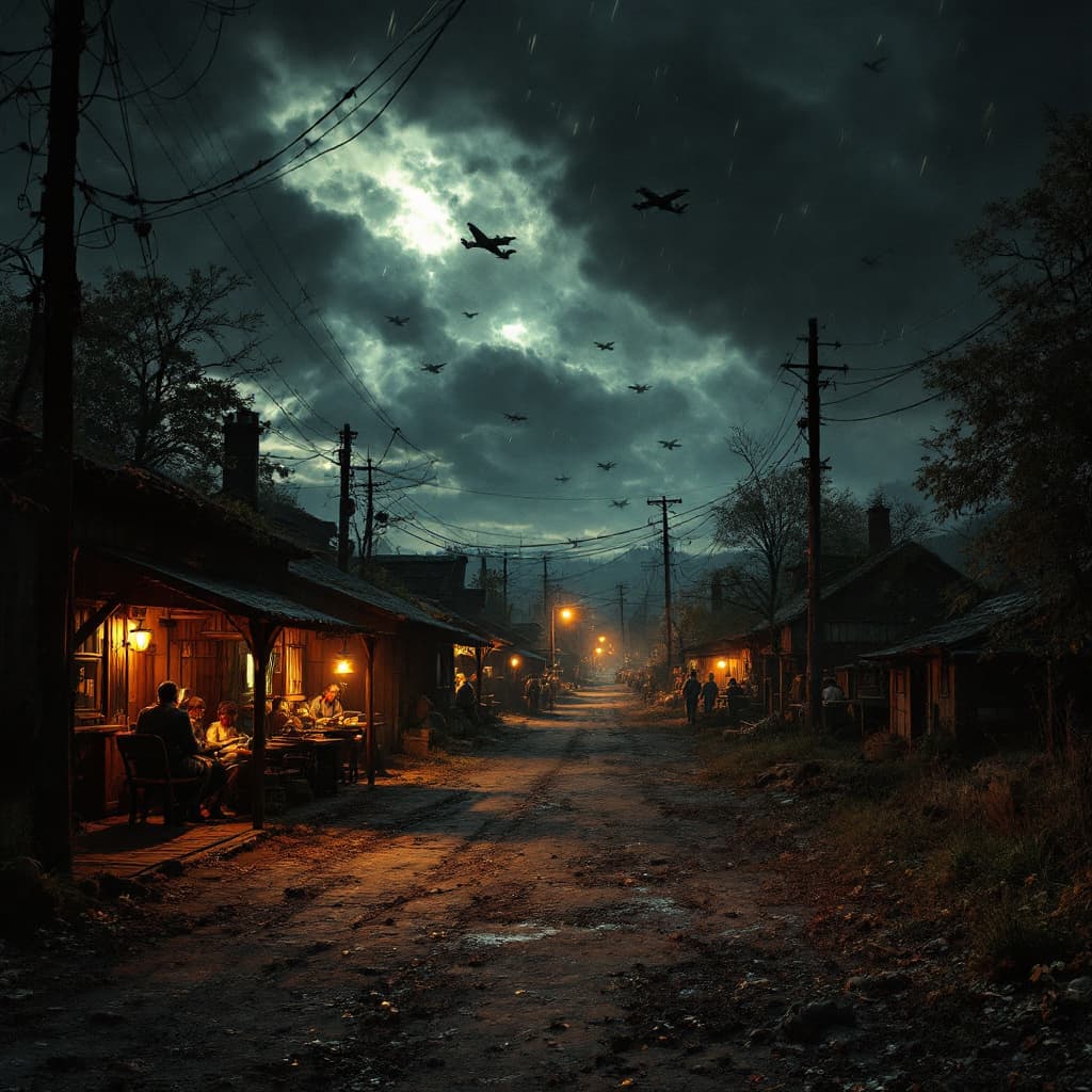 AI generated: 4.	a World War II air raid scene, searchlights, planes overhead, civilians in shelters, dramatic ten...
