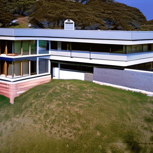 AI generated: Hyper realistic eye level exterior photo of a mid century modern style house overlooking the ocean, ...