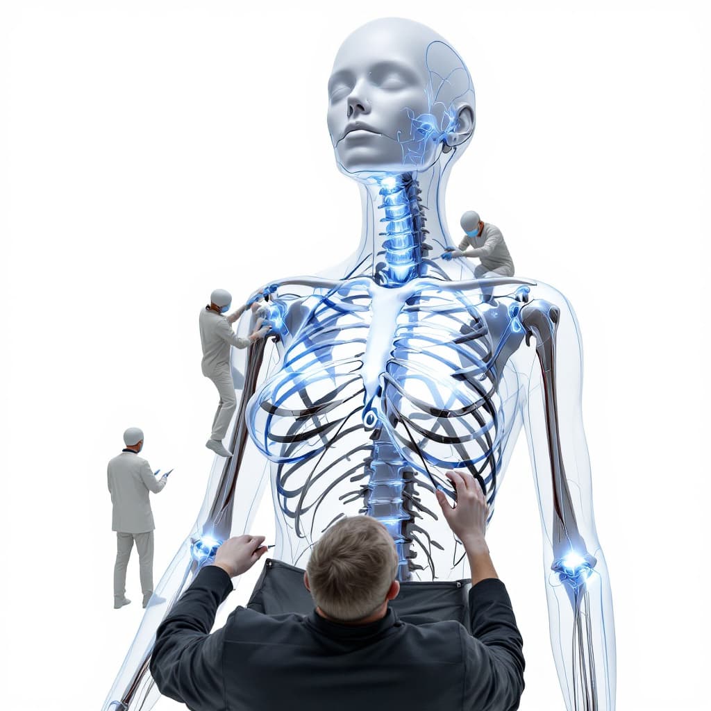AI generated: a ultra realistic 1/3 full transparent female human body. bones and veins are visible. the bones sho...