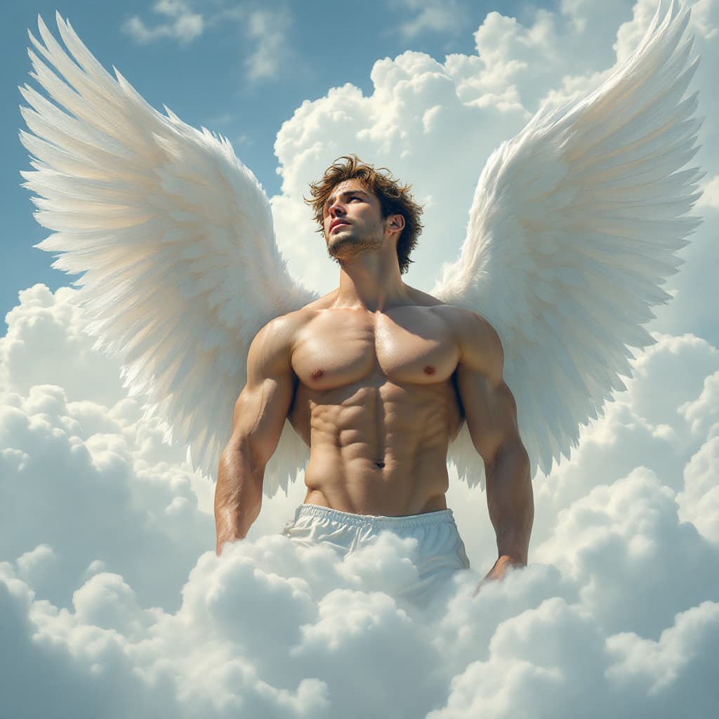 AI generated: Delicate  Angel wings in the clouds,  male masculine muscular  angel, blue sk --ar 3:4 --style raw -...