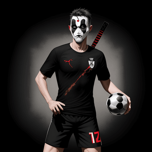 AI generated: t-shirtdesign, stockphoto, dead pool  in shorts, plays soccer, black background --ar 7:10 --v 6.0