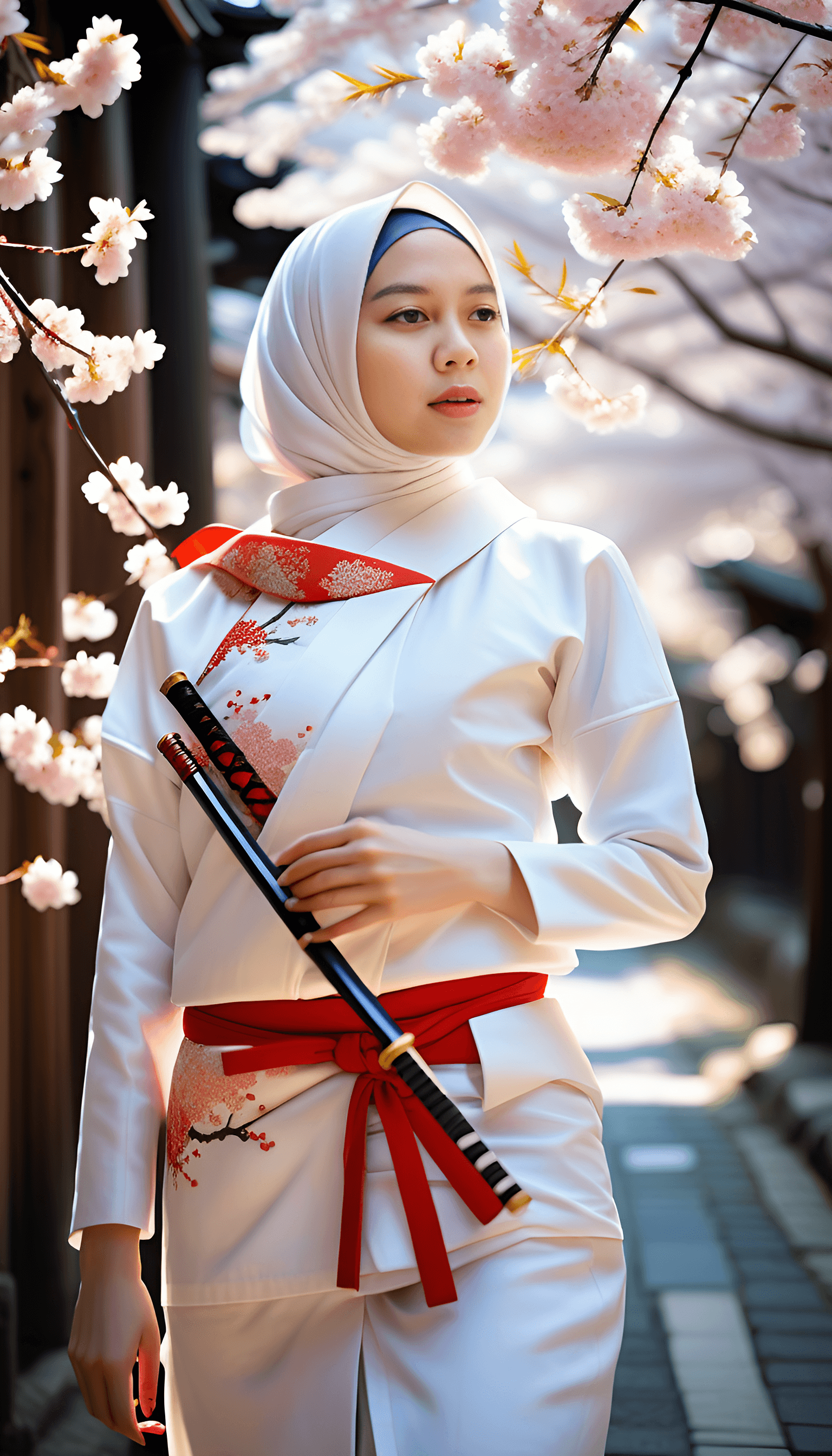AI generated: in a white kimono, hijab, walking through the streets of kyoto, cherry blossom in the air, holding a...
