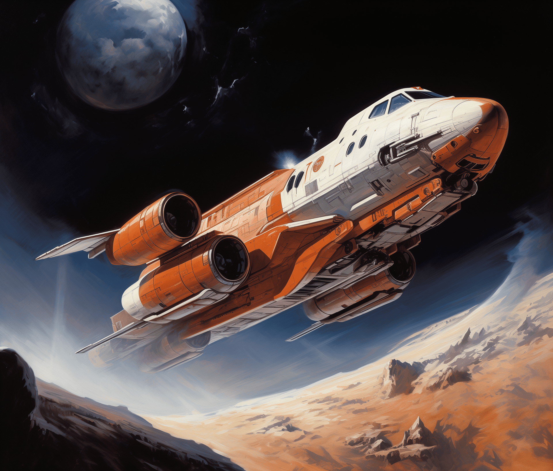 AI generated: A white space shuttle in orbit over Earth, in the style of Noriyoshi Ohrai, Syd Mead, and Robert McG...
