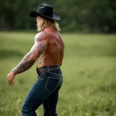AI generated video: Walking away, turning around, double bicep flex look to the right, looking down, walking towards us
