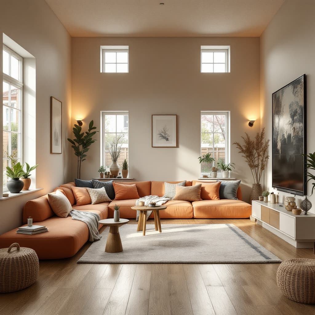AI generated: High resolution photography interior design, dreamy sunken living room conversation pit, wooden floo...