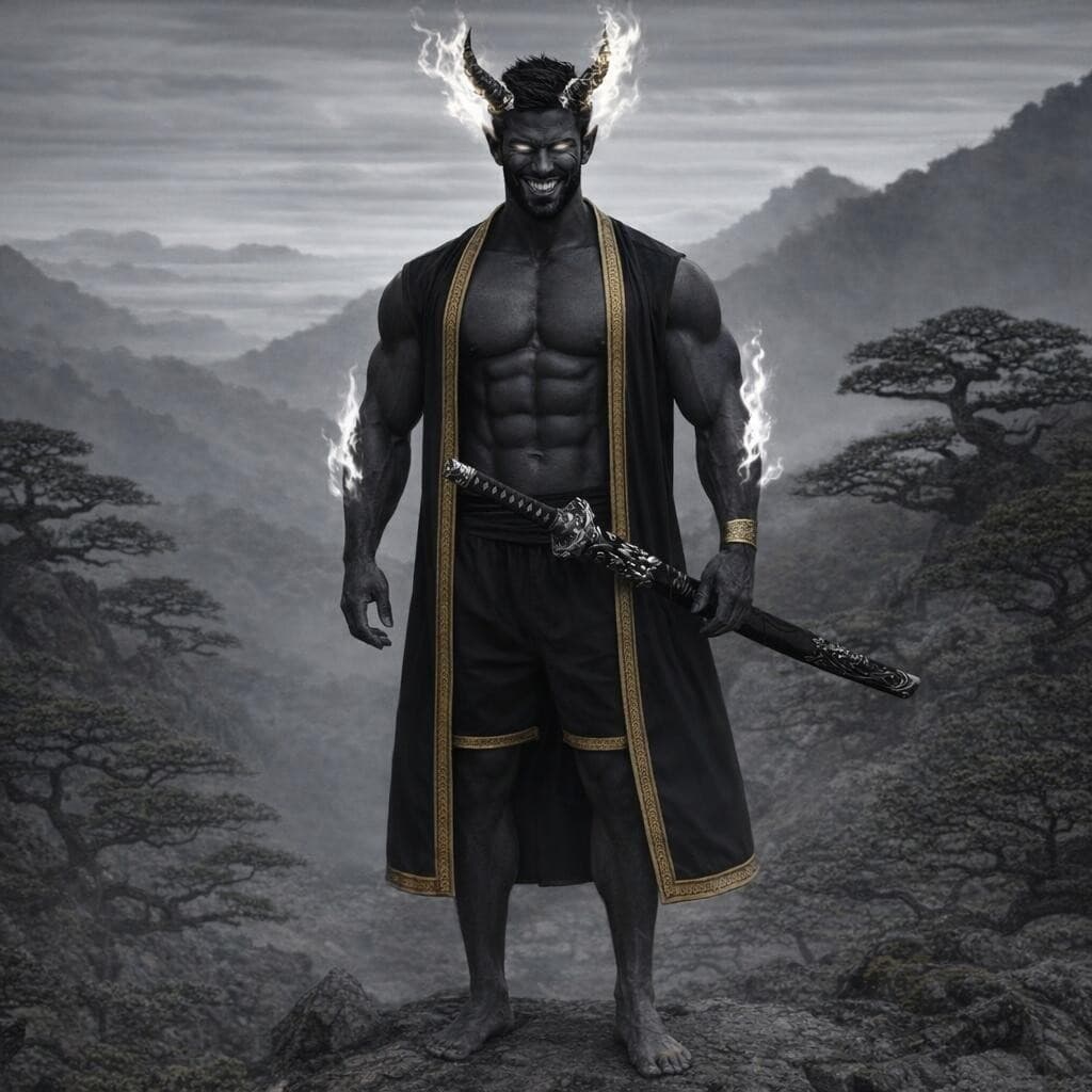 AI generated: Create a demonic version of this man keeping most of the original features with dark grey skin and u...