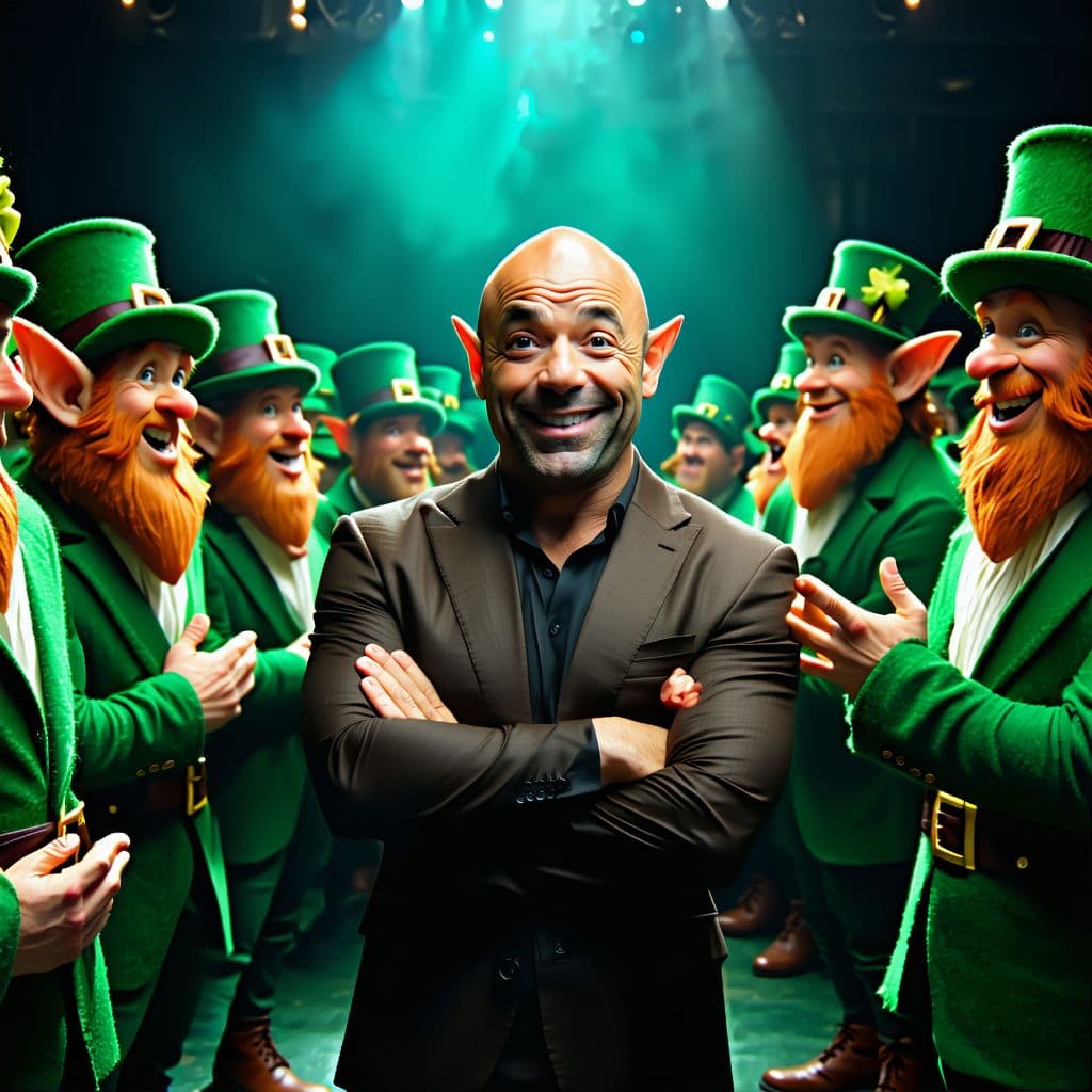AI generated: creme de la creme Joe rogan, showing off how Joe rogan he is to a crowd of leprechauns


