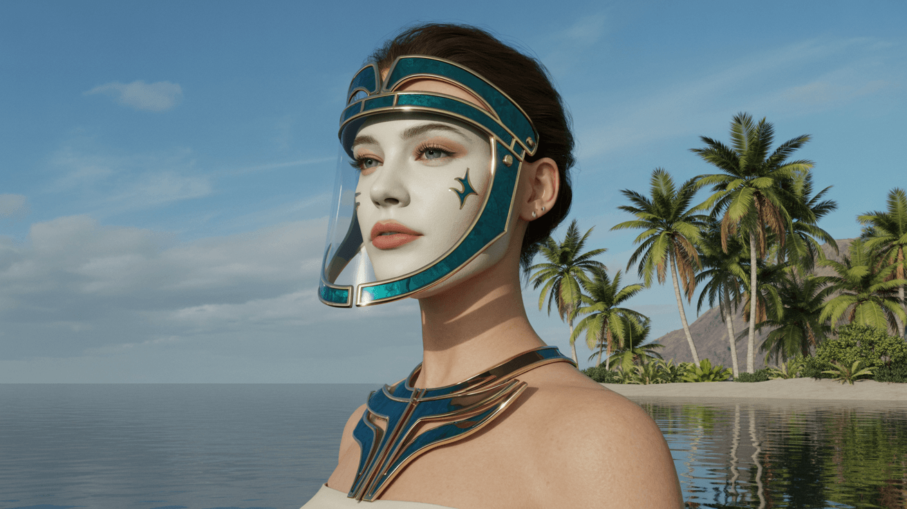 AI generated: A woman in an intricate teal and gold face shield with porcelain skin standing on a lonely desert is...