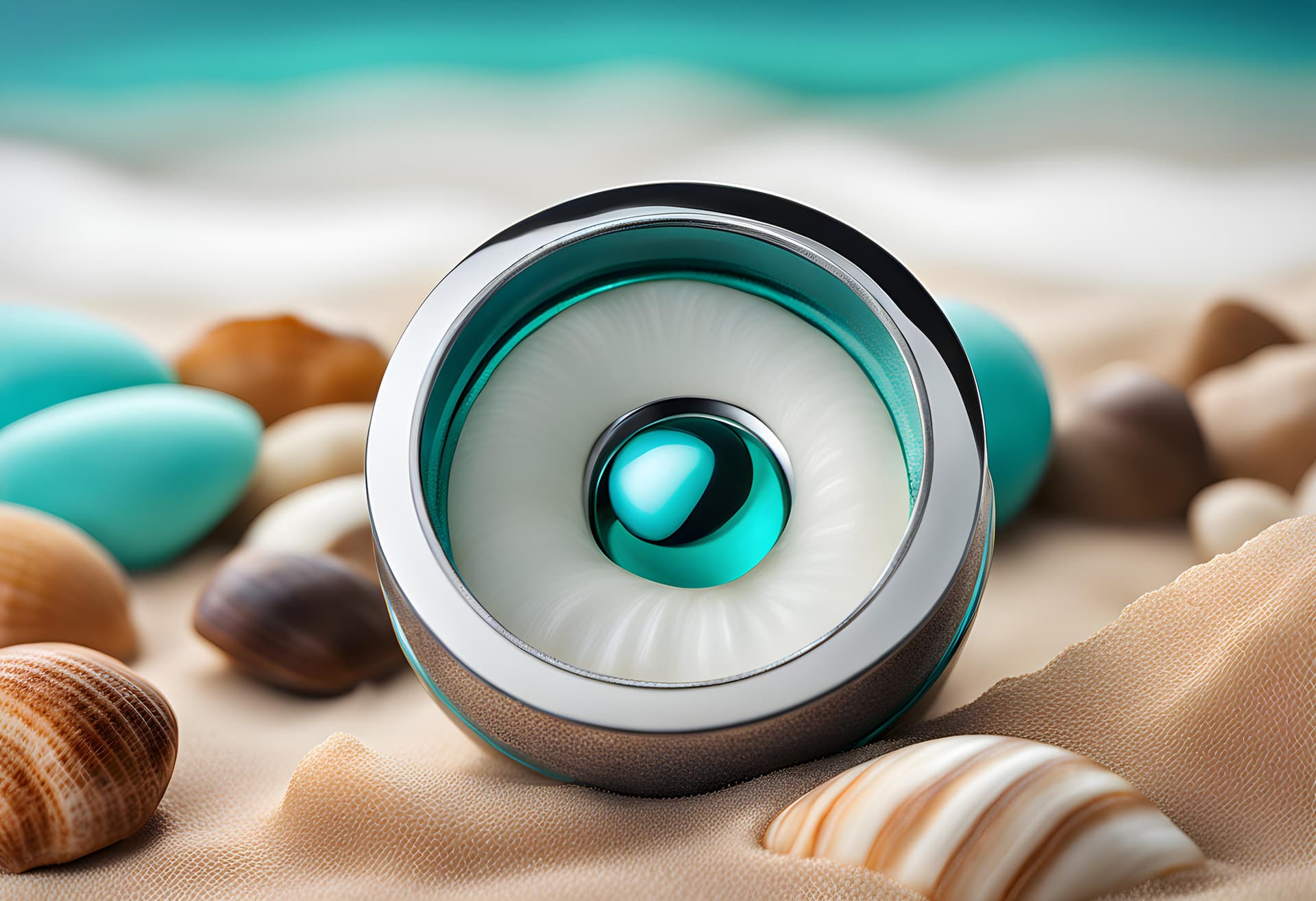 AI generated: 200 mm macro lens photo of tiffany brand ad concept, insane realistic sand and pebbles, open shell, ...