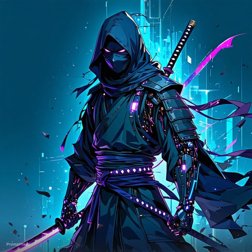 AI generated: Neo-Cyberpunk Cyber-Edo Japanese illustration of a Ninja in a cinematic stealth action pose, wearing...