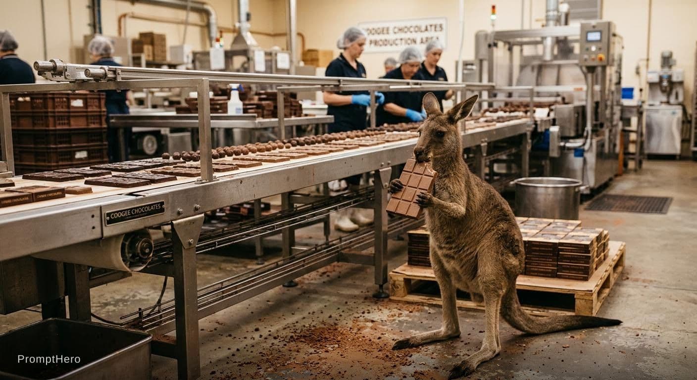 AI generated: a picture of a kangaroo eating chocolate in a chocolate factory with a conveyor belt in the backgrou...
