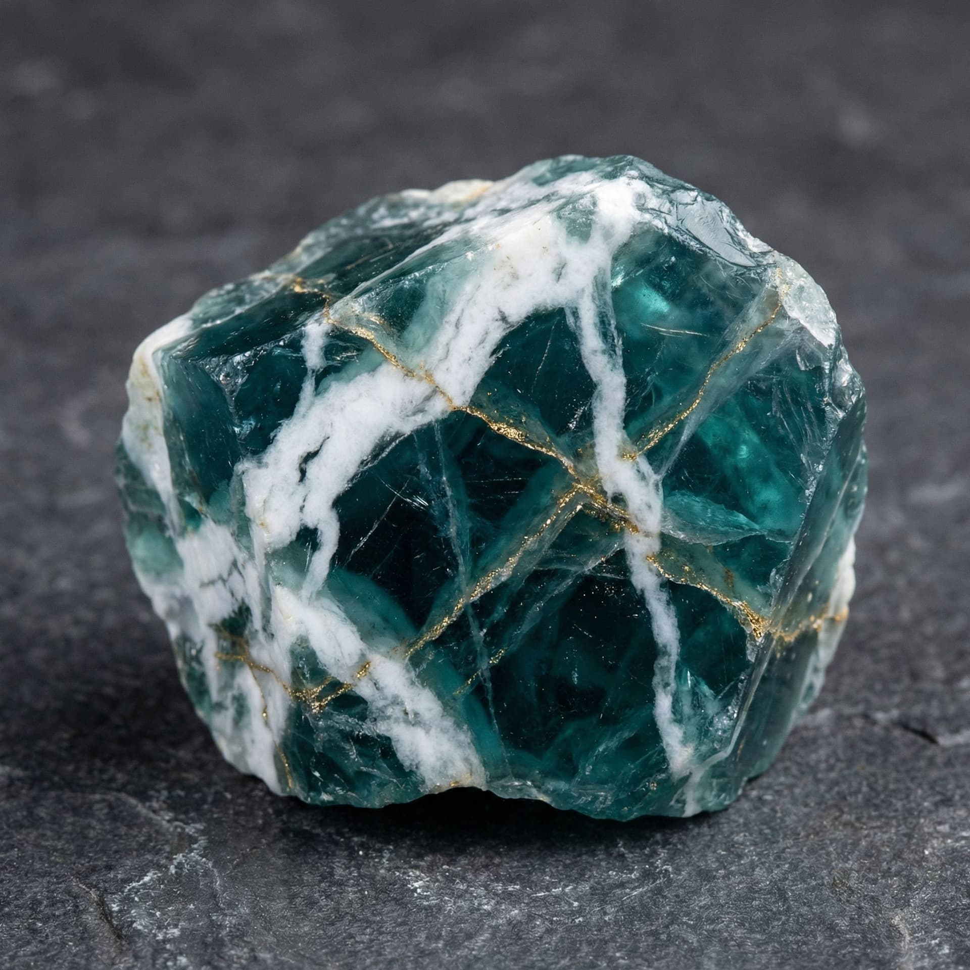 AI generated: A teal crystal with solid white veins like marble running through it and more veins of gold spread e...