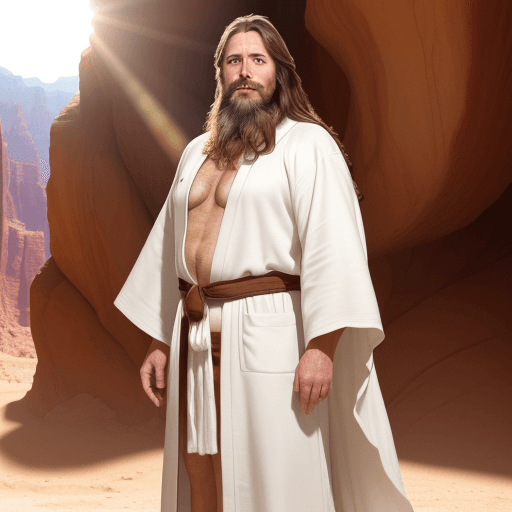 AI generated: A middle-aged Caucasian man with long brown hair and a beard, wearing a long white robe, standing in...