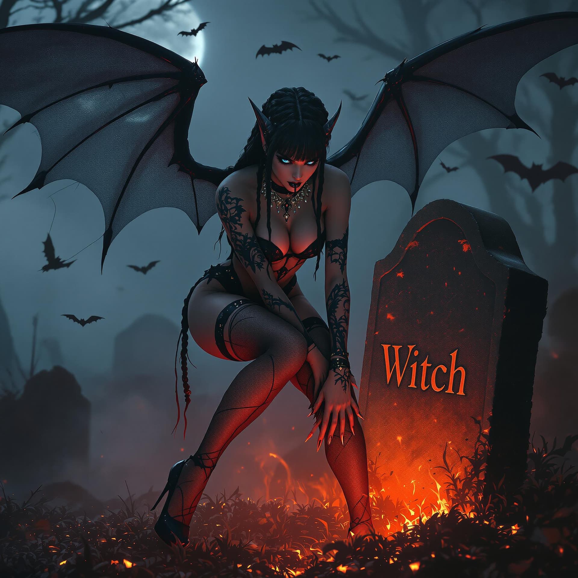 AI generated: Photo of a ultra realistic flirty demon woman with colorful arm tattoos and black braided hair with ...
