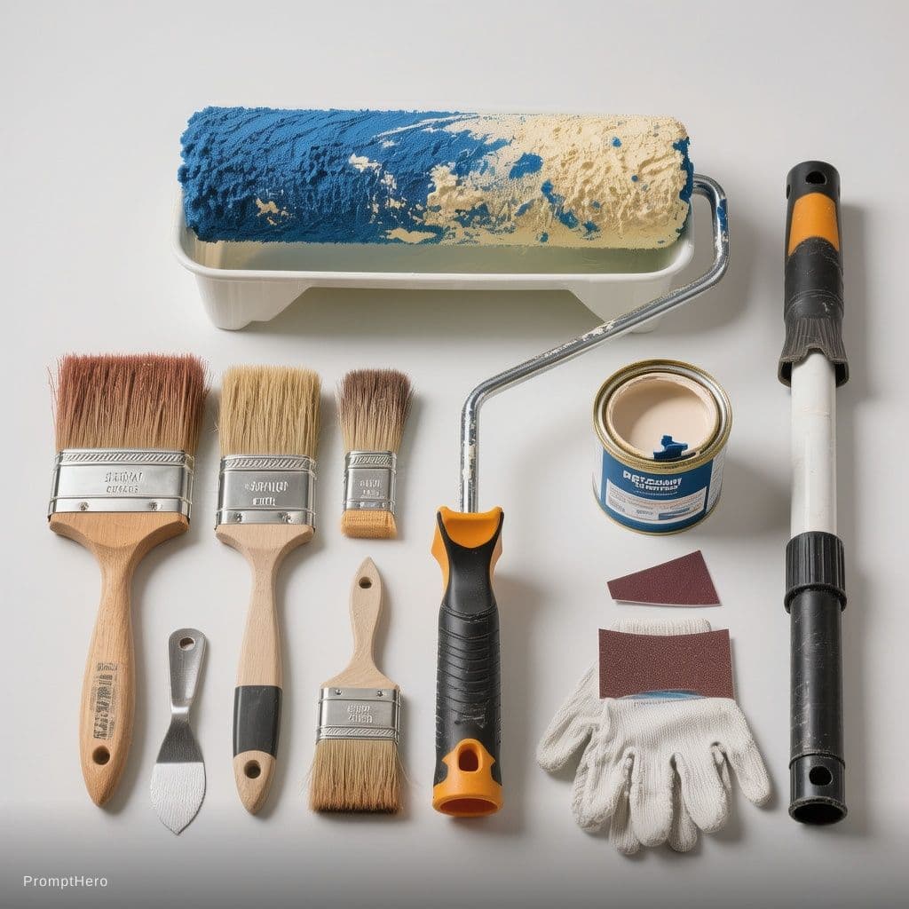 AI generated: Painting supplies neatly arranged and organized on a single surface, including a paint roller, vario...