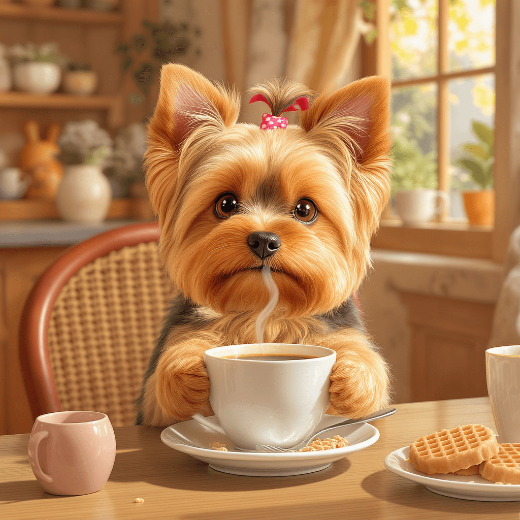 AI generated: "Un adorable perro Yorkshire Terrier de pelo largo y sedoso, con colores dorados y café oscuro, sent...