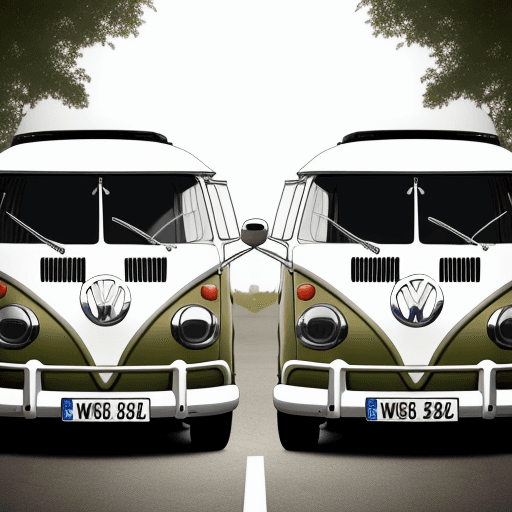 AI generated: two volkswagen bullis, kissing each other, comic style