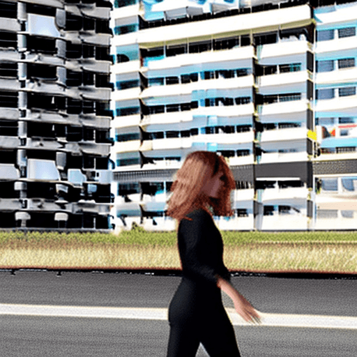 AI generated: The image features a woman wearing a black shirt and black pants, walking down a street while carryi...