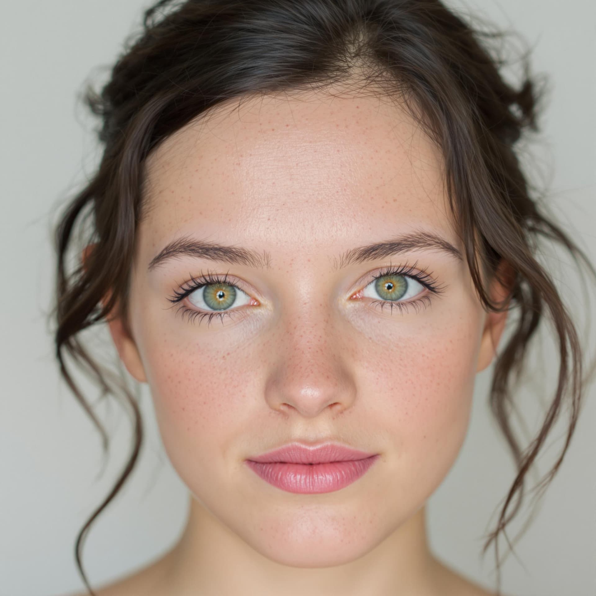 AI generated: Close-up portrait of a woman with green eyes, light freckles, and dark hair styled in loose tendrils...