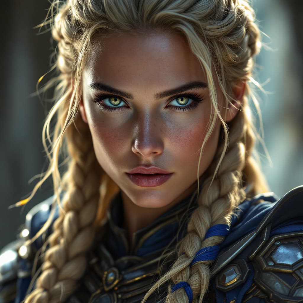AI generated: Warrior woman with long, intricate braided blonde hair interwoven with sapphire and gold fabric stri...