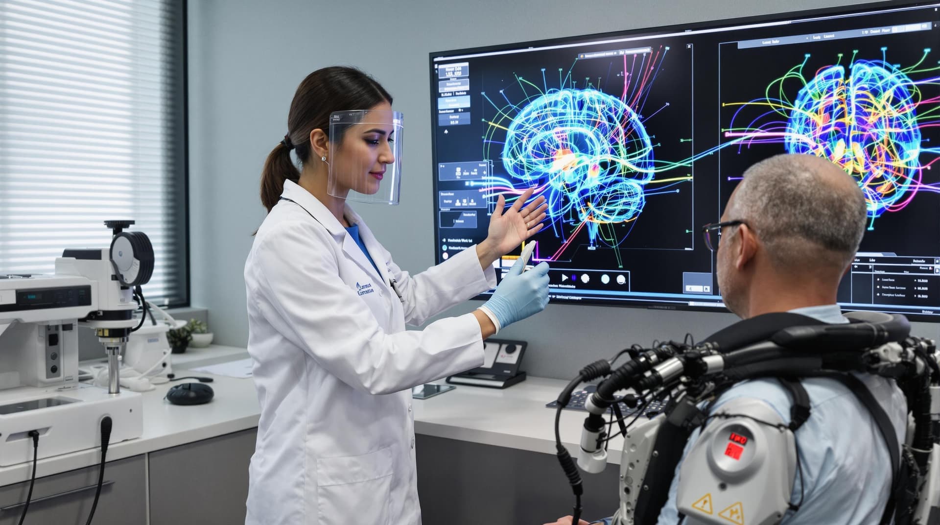 AI generated: /imagine prompt: Neurological clinic with holographic brain maps, Latina doctor adjusting neural imp...