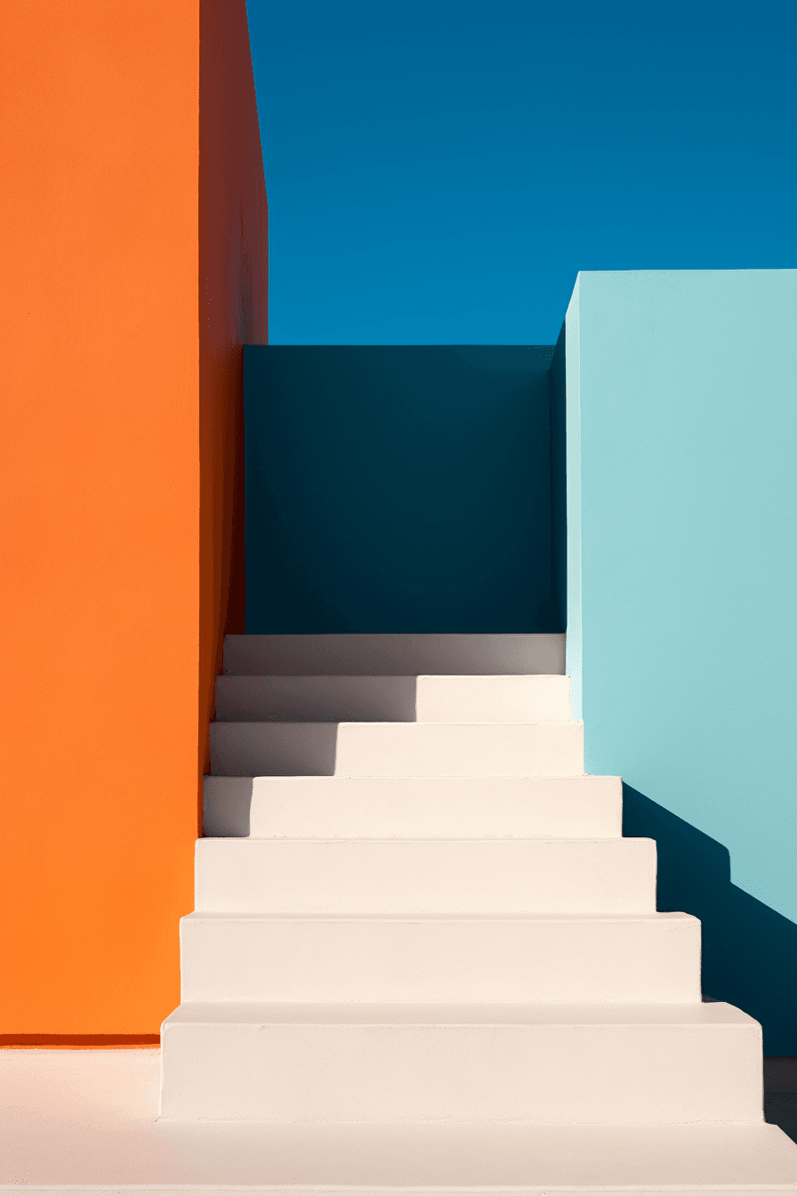 AI generated: Photograph of an orange staircase leading up to the entrance door, on a blue wall with a light teal ...