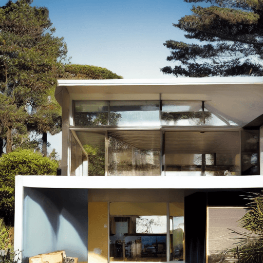 AI generated: Hyper realistic eye level exterior photo of a mid century modern style house overlooking the ocean, ...
