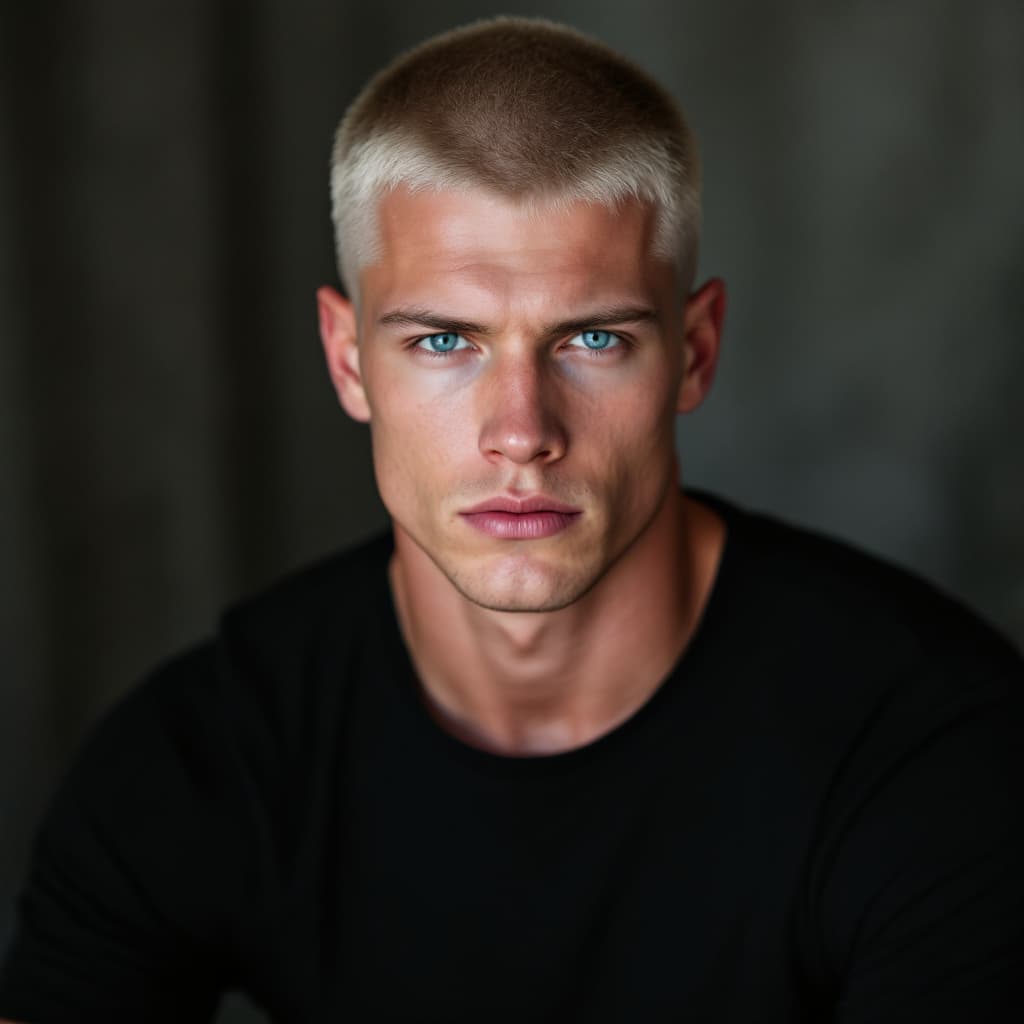 AI generated: High-quality image of a 25-year-old white American man, pale skin, pale blonde crew cut, icy blue ey...