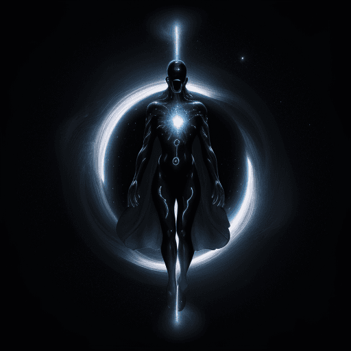 AI generated:    . The image shows an impressive scene in deep space. In the center, a human figure, with an ether...
