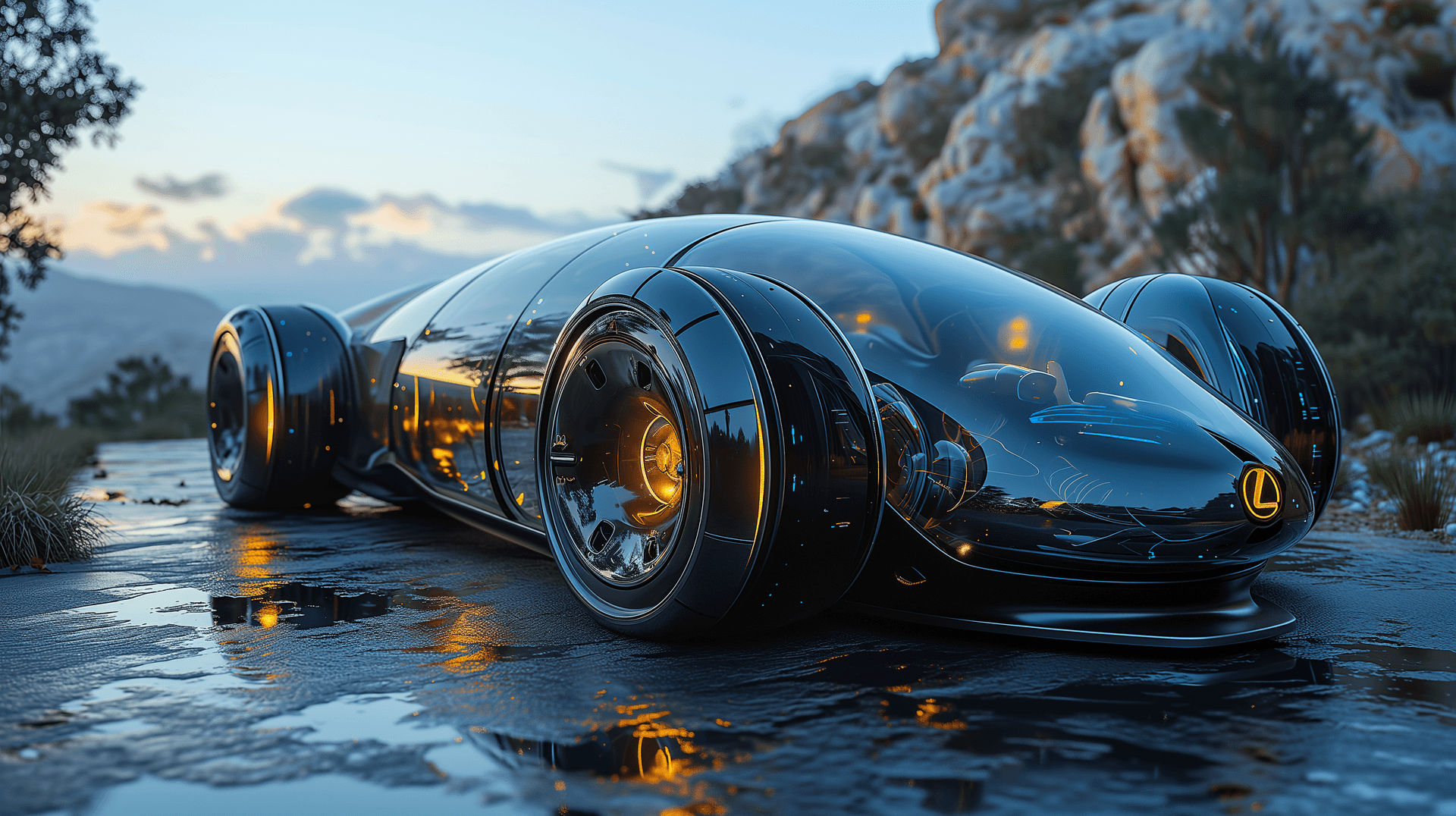 AI generated: design of a futuristic self-driving car. The car should have a sleek, aerodynamic shape, with transp...