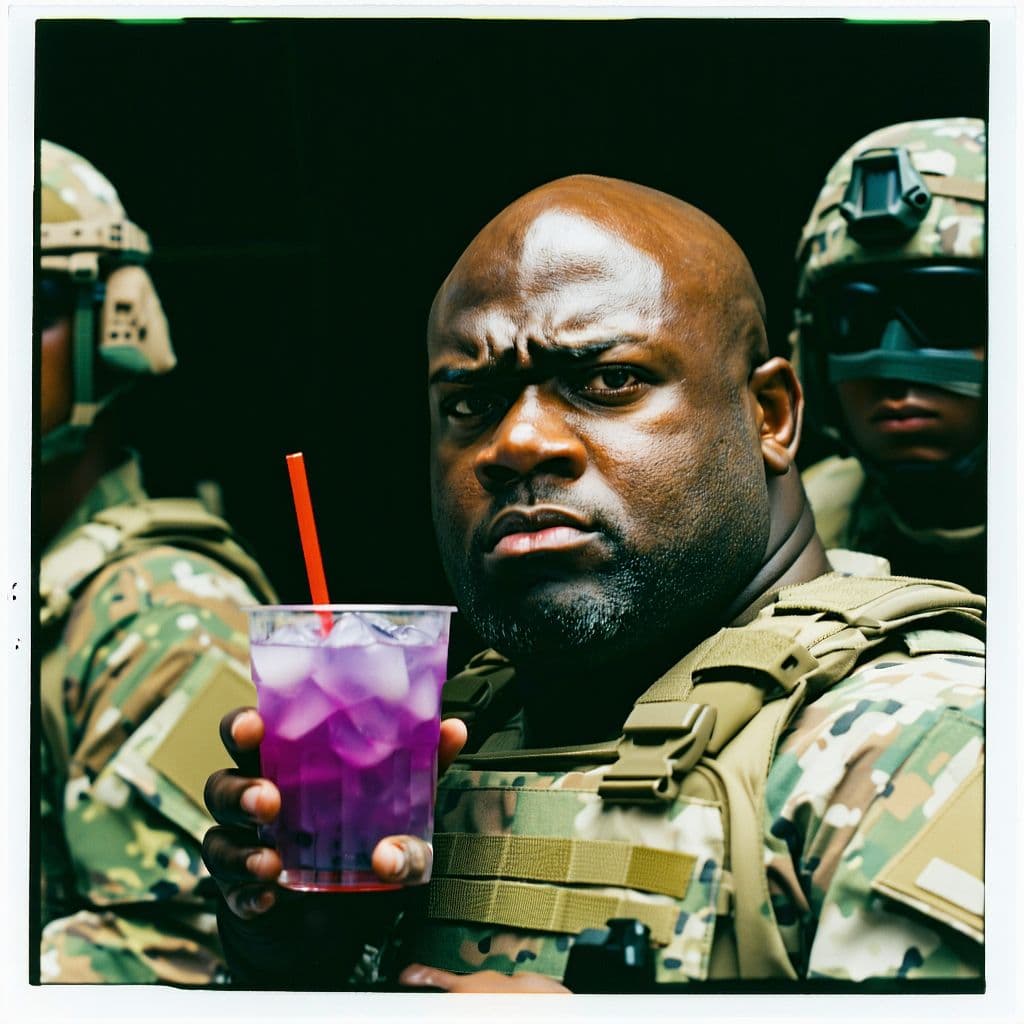 AI generated: grainy 80's photograph quality polaroid of an elite special forces team lead by an obese fat bald fe...