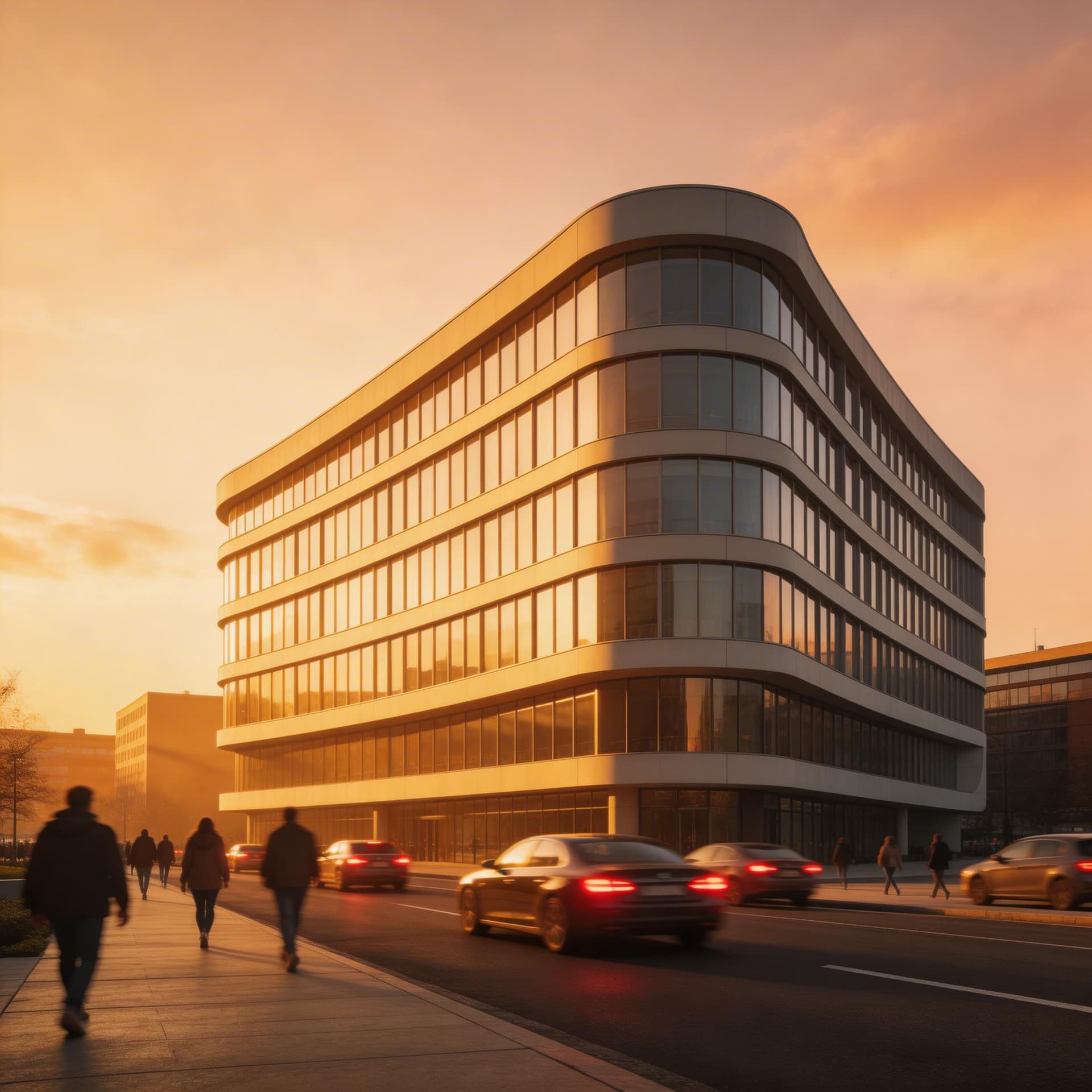 AI generated: photorealistic, canon EOS 5d, minimalistic medium scale office building, curved, geometric shaped ou...
