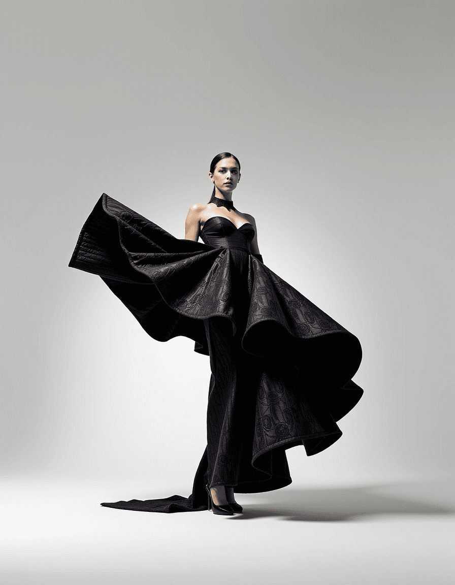 AI generated: "Fashion shot: model showcasing avant-garde, sculptural haute couture on a minimalist, stark white b...