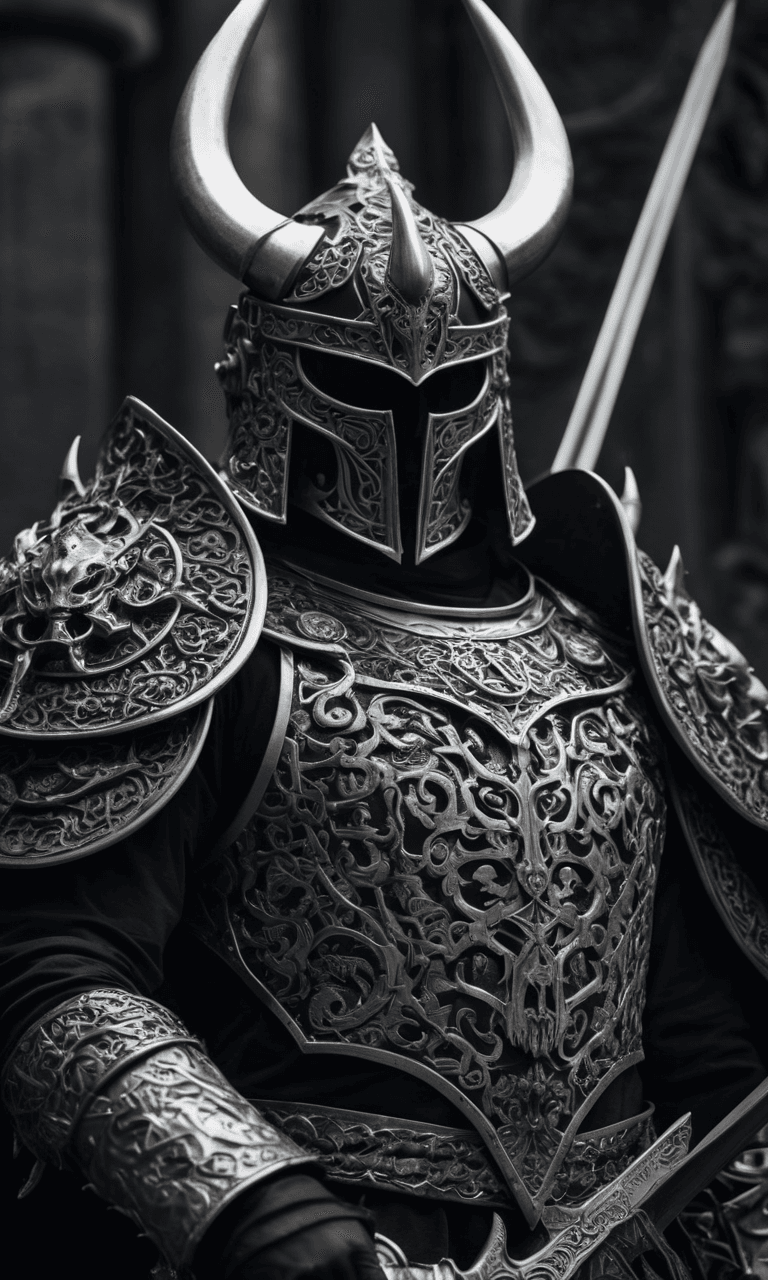 AI generated: a close up of a person wearing a horned helmet and holding a sword, death metal album cover, barong ...