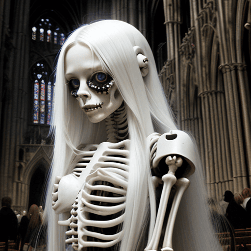 AI generated: robot girl-on face, white long hair against the background of a wide-angle interior of the salon of ...