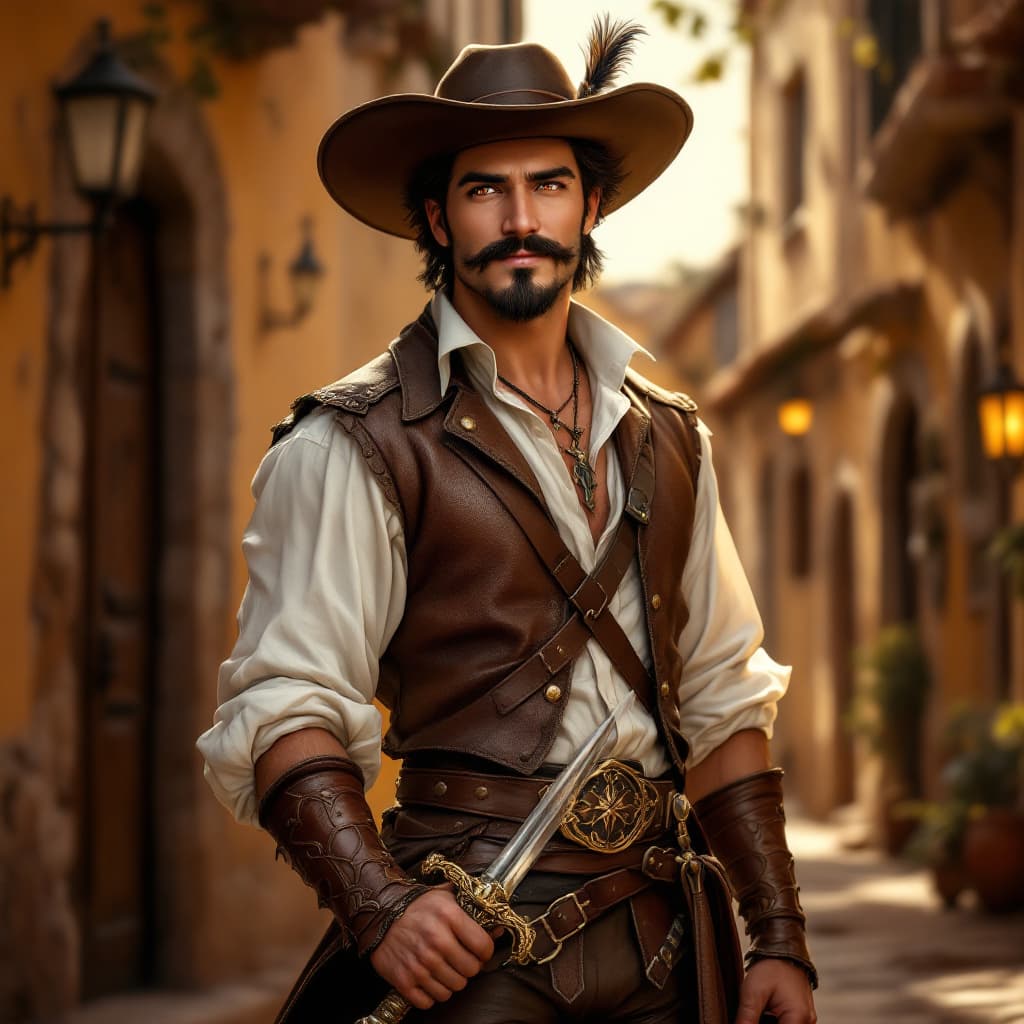 AI generated: Photorealistic portrait of a charming Spanish mercenary inspired by Puss in Boots; handsome Latino m...