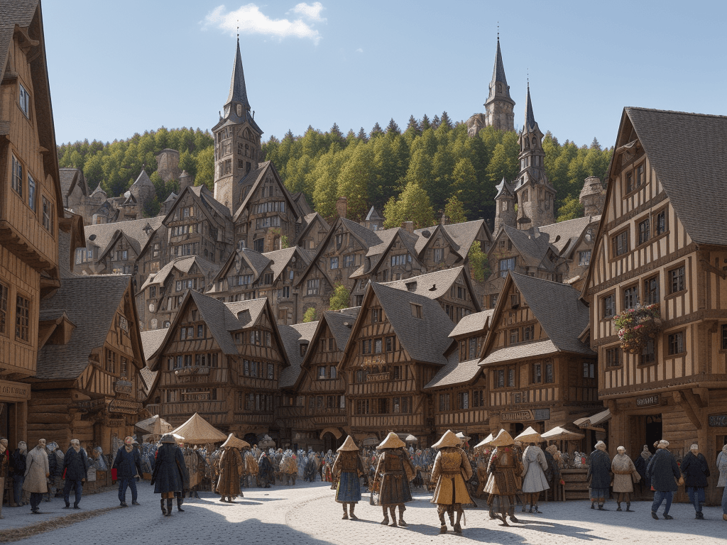 AI generated: a bustling medieval town, with a wide-angle camera perspective that captures the intricate details o...