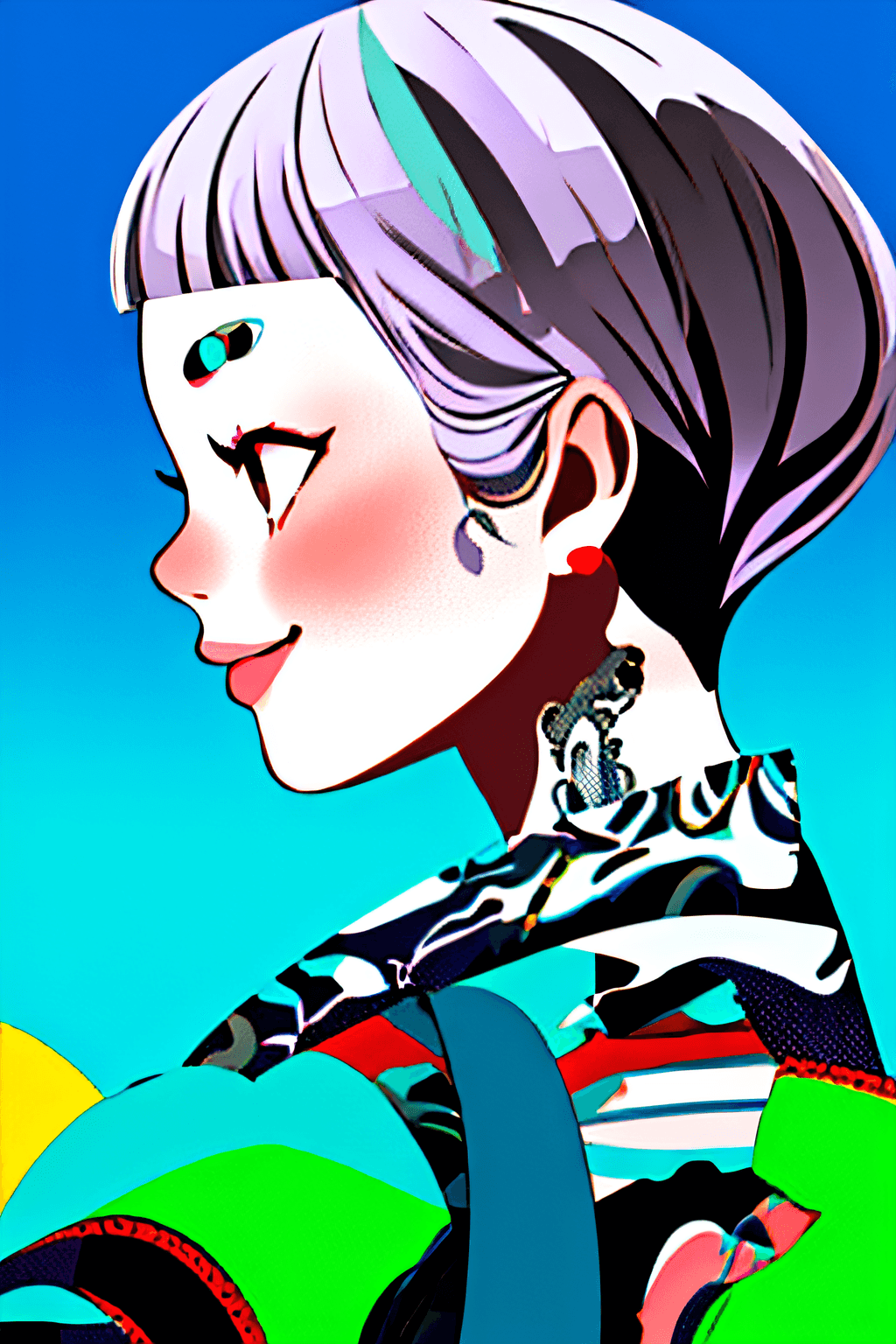 AI generated: lam style, portrait, (solo), light skin, day time,girl, medium breasts, extra short hair ,(Light Pur...