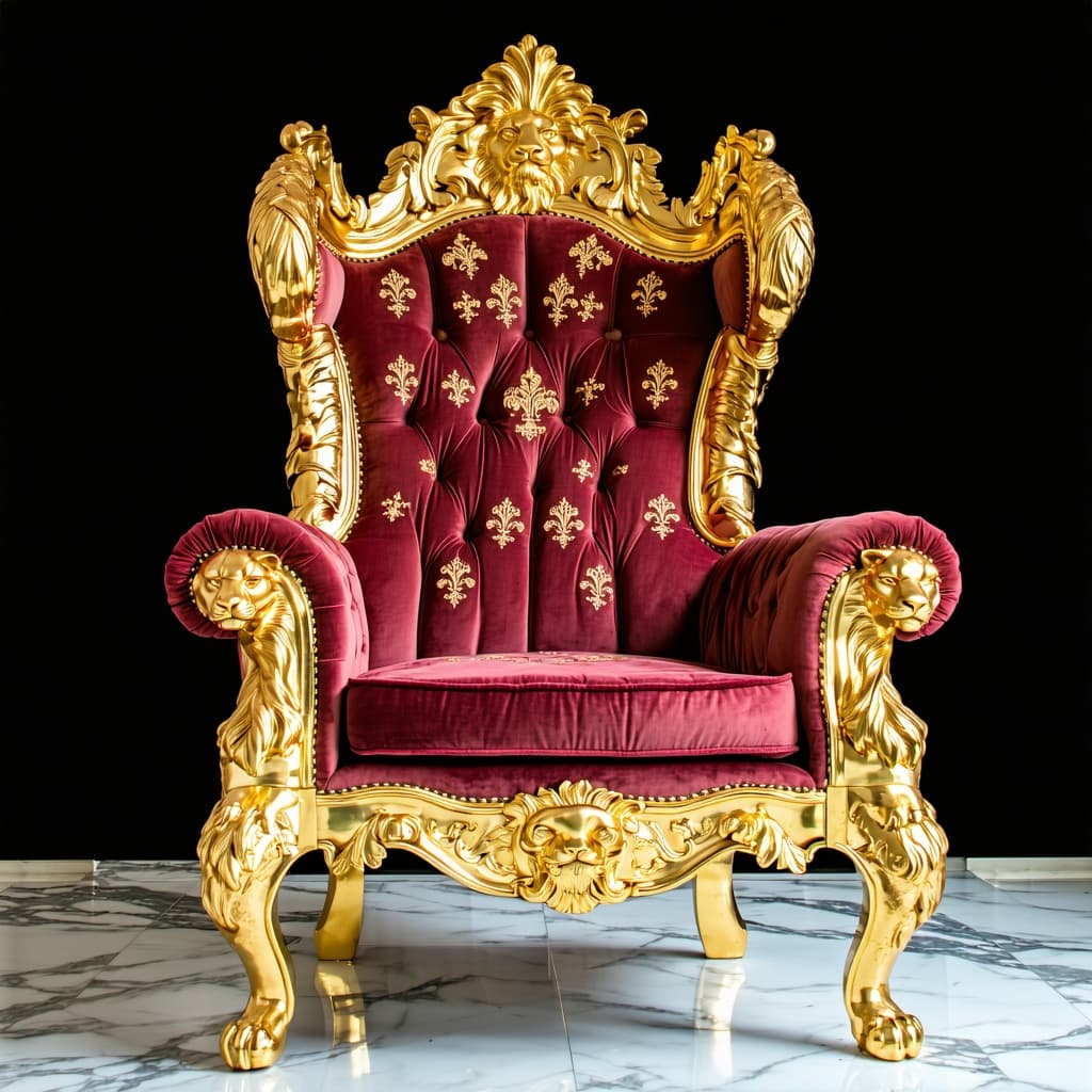 AI generated: A magnificent, antique golden throne from the French monarchy, intricately carved with floral motifs...