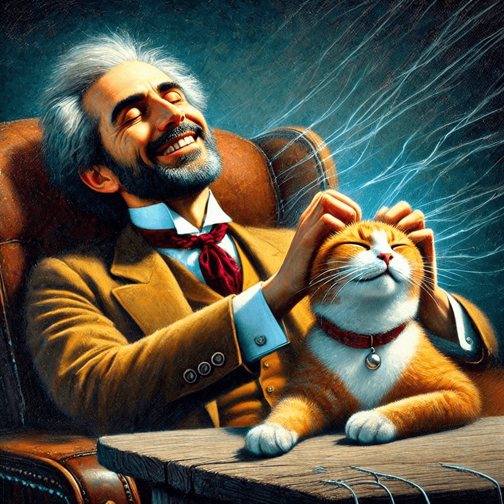 AI generated: Dramatic painting of a satisfied animated man massaging a satisfied animated cat's head
